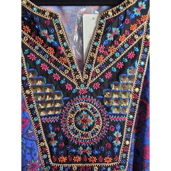 Soft Surroundings Top Womens M Blue Tamuri Embroidered Beaded Tunic Boho Hippie - Picture 3 of 11